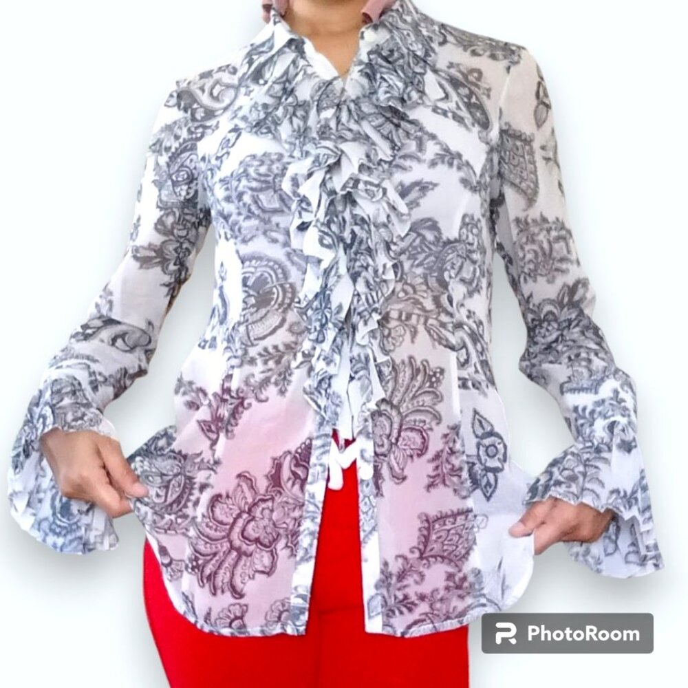 Ruffled Floral Black White Grey Floral Blouse Translucent Tie Up Flare Small